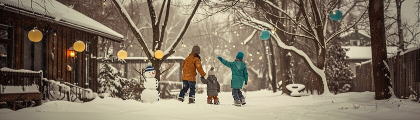 Family enjoying a snow day, building a snowman and having a snowball fight