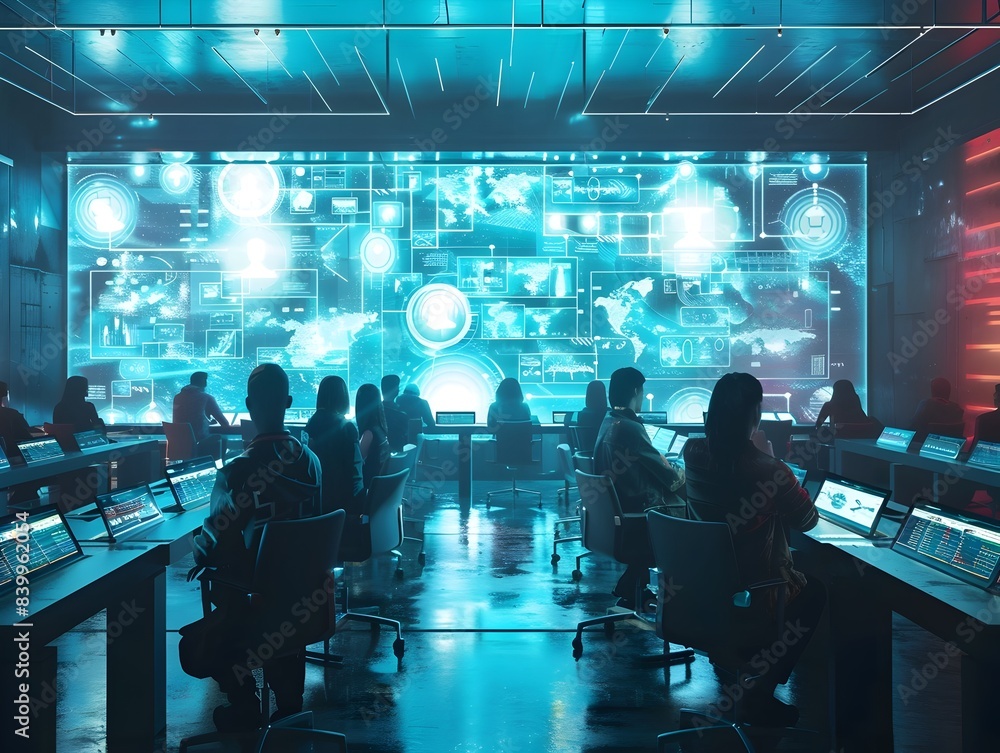 Poster futuristic virtual classroom with holographic student displays for interactive education and learnin