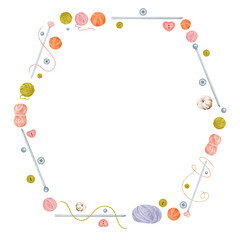 A compact text frame with a knitting theme, for crafting blogs knitting tutorials, or DIY-inspired designs. Framed by knitting needles and colorful yarn skeins, it adds a cozy element to any project