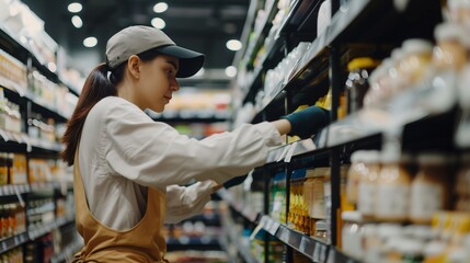 Retail Worker Organizing Products in Clean, Well-Lit Store, Behind-the-Scenes