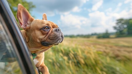 Delightful image of a French Bulldog enjoying a car ride, head out the window with ears flapping