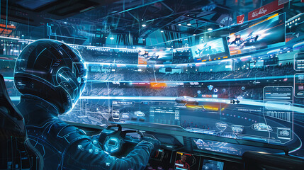 A man in a helmet is driving a race car in a virtual reality environment