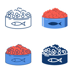 Canned red caviar icon set in flat and line style. Salmon caviar in a tin can. Vector illustration.