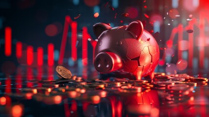 A shattered piggy bank with coins spilled and a descending red graph in the background, side view, illustrating economic downturn, cybernetic tone, complementary color scheme