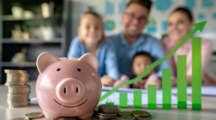 Obraz premium A piggy bank full of coins with a smiling family in the background and an upward green graph, top view, symbolizing financial growth, futuristic tone, vivid color scheme