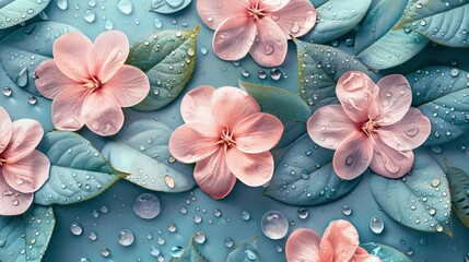 Beautiful pink flowers and leaves with water droplets, close-up. Perfect for nature backgrounds and floral designs.