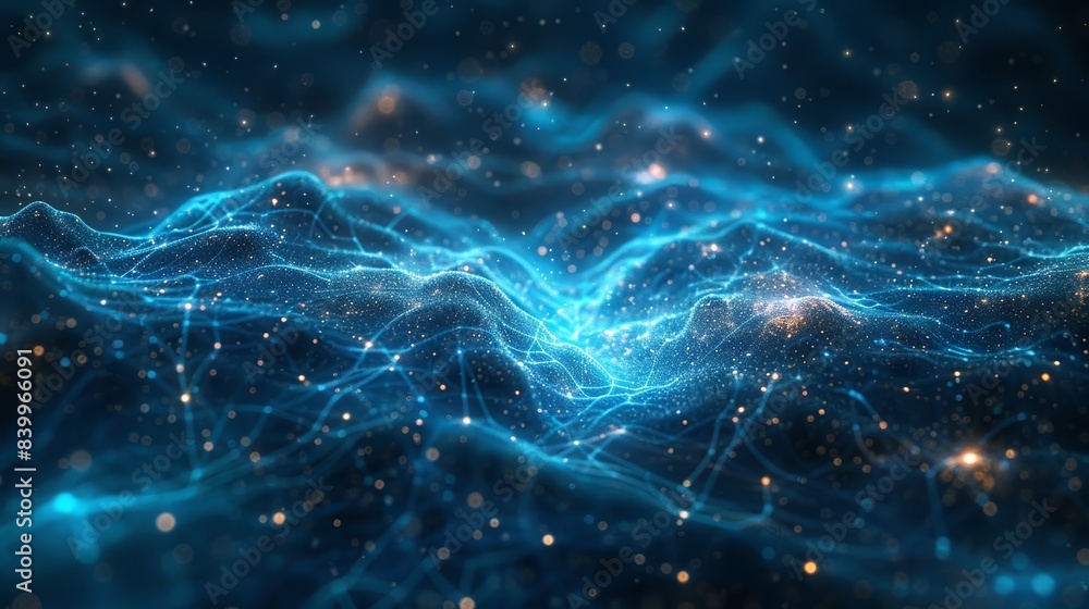 Poster abstract digital wave visualization with glowing blue lines and particles, representing futuristic t