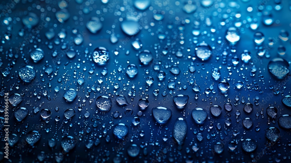Wall mural close-up of water droplets on a glossy blue surface, creating a refreshing and soothing visual textu