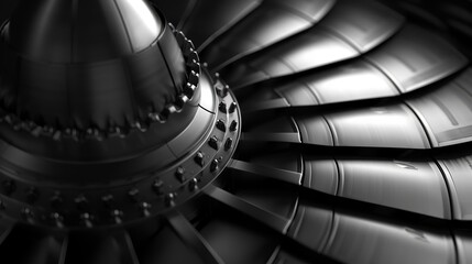 Close-up of a jet engine turbine blade, highlighting intricate design and metallic texture, showcasing engineering precision and mechanical beauty.