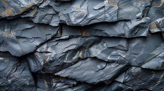 Close-up of dark, layered stone texture, showcasing intricate patterns and natural formations. Ideal for backgrounds or geological studies.