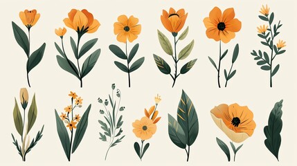 Beautiful watercolor illustrations of various orange flowers and green leaves on a light background, perfect for artistic projects.