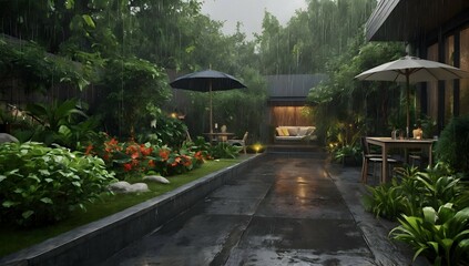 Garden atmosphere raining. Realistic landscape