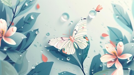 Elegant butterfly resting on delicate flowers surrounded by leaves and dewdrops, creating a tranquil and beautiful natural scene.