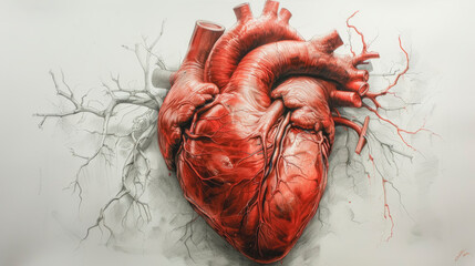 Anatomical red heart drawn on a sheet of paper.