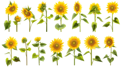 Collection set stalk of sunflower sunflowers flower floral plant with leaf leaves on transparent background
