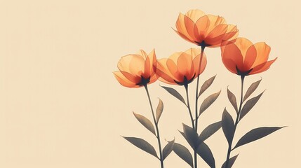 Fototapeta premium Elegant minimalistic illustration of orange flowers with green leaves on a light beige background, perfect for art prints or home decor.