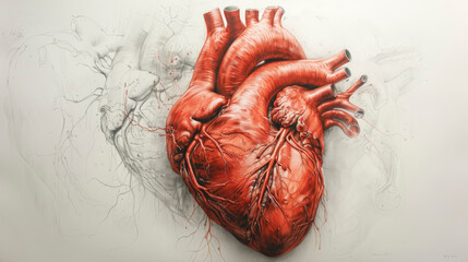 Anatomical red heart drawn on a sheet of paper.