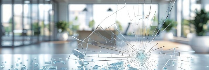 Cracked glass in a modern office interior with a blurred background and panoramic theme. Concept for security and safety at work or business in the style of modern design.