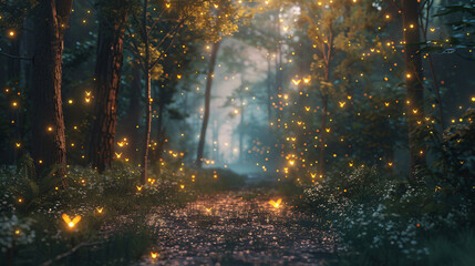 Fototapeta premium Magical forest with fireflies in cinematic style