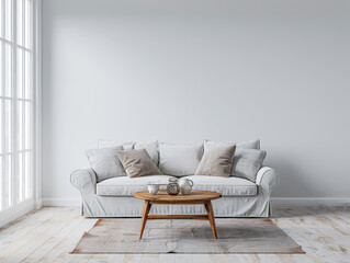 Bright minimalist living room in a luxury home with stylish minimal furniture and natural lighting. Home decor minimalist composition in neutral tonality.