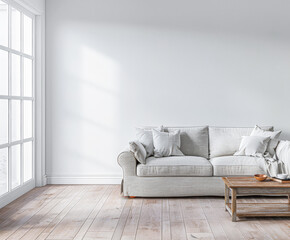 Bright minimalist living room in a luxury home with stylish minimal furniture and natural lighting. Home decor minimalist composition in neutral tonality.