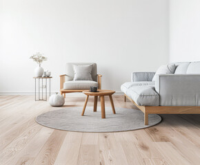 Bright minimalist living room in a luxury home with stylish minimal furniture and natural lighting. Home decor minimalist composition in neutral tonality.