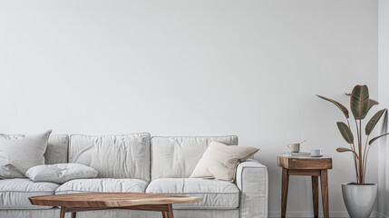 Bright minimalist living room in a luxury home with stylish minimal furniture and natural lighting. Home decor minimalist composition in neutral tonality.