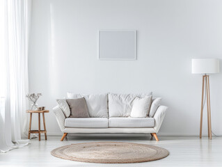 Bright minimalist living room in a luxury home with stylish minimal furniture and natural lighting. Home decor minimalist composition in neutral tonality.