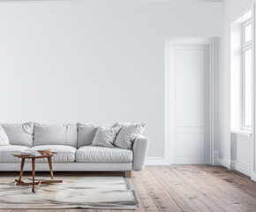 Bright minimalist living room in a luxury home with stylish minimal furniture and natural lighting. Home decor minimalist composition in neutral tonality.