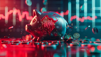 A shattered piggy bank with coins rolling out and a descending red graph in the background, side view, illustrating economic decline, cybernetic tone, complementary color scheme