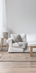 Bright minimalist living room in a luxury home with stylish minimal furniture and natural lighting. Home decor minimalist composition in neutral tonality.