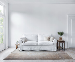 Bright minimalist living room in a luxury home with stylish minimal furniture and natural lighting. Home decor minimalist composition in neutral tonality.