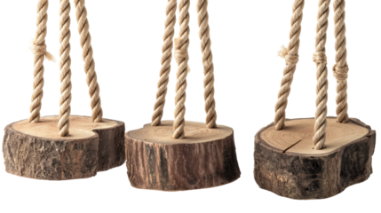 Rope on a wooden, Set of Wooden stump wood rope swing on transparent background