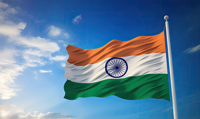 Indian flag waving in the wind with blue sky