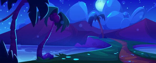 Obraz premium Night summer island scenery with palm trees. Vector cartoon illustration of dark tropical land with mountains, coconuts on palm trees, footpath on sea shore, moon and stars glowing in cloudy sky