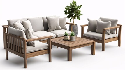 Elegant wooden outdoor furniture set with cushioned seats and a coffee table, perfect for patio or garden seating arrangements.