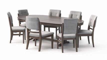Elegant wooden dining table set with six matching upholstered chairs, perfect for any modern home or dining room decor.