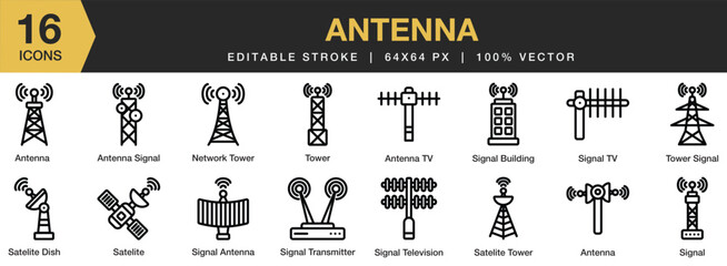 Set of 16 Antenna icon set. Editable Stroke Icon Collection. Includes network tower, satelite, tv antenna, signal transmitter and More. Outline icons vector collection.