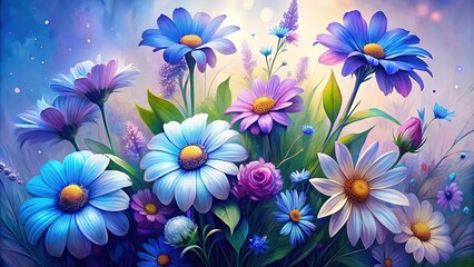 Bouquet of blue and purple flowers with daisies on white background, symbol of summer, meadow flowers, wildflowers. Hello June wallpaper, bouquet, blue, purple, flowers, daisies