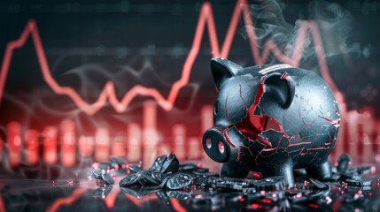 A detailed broken piggy bank with black smoke rising and a decreasing red graph in the background, front view, symbolizing financial loss, technology tone, colored pastel