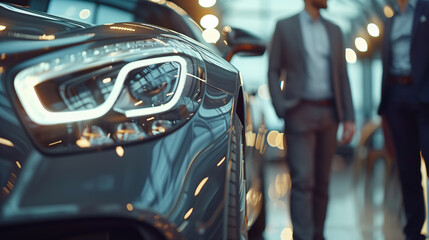 Naklejka premium A close-up image of a new cars headlights in a dealership showroom. Two men in suits, out of focus in the background, are likely concluding a deal on the vehicle