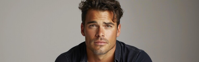 Obraz premium A portrait of a young American man with dark hair and brown eyes, against a plain background