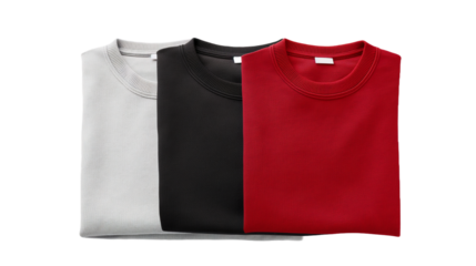 Set of folded blank black grey gray white red t shirt sweater round neck on transparent background