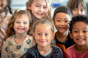 Group of children of different ethnicities smile and pose for a portrait in classroom setting