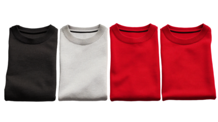 Set of folded blank black grey gray white red t shirt sweater round neck on transparent background