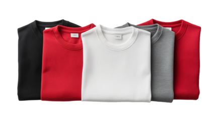 Set of folded blank black grey gray white red t shirt sweater round neck on transparent background