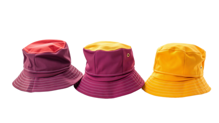 Set of red violet yellow orange bucket fisherman fishing hat on transparent background