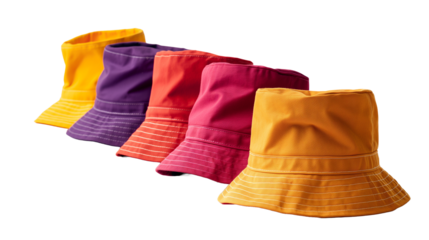 Set of red violet yellow orange bucket fisherman fishing hat on transparent background