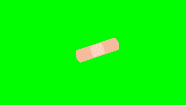 Medical aid adhesive tape plasters, and medical bandages in different shapes. Medical adhesive plaster on a green background. First-aid. Pharmacy. 2d flat animation. Alpha channel. Chroma key
