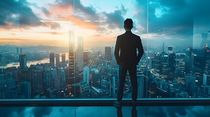 Confident Business Leader Overlooking Skyscraper Cityscape at SunriseSunset